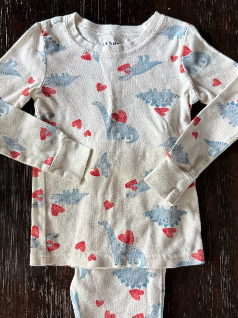 Old Navy Cream Long-Sleeve Dinosaur Pajama Set with Red Hearts